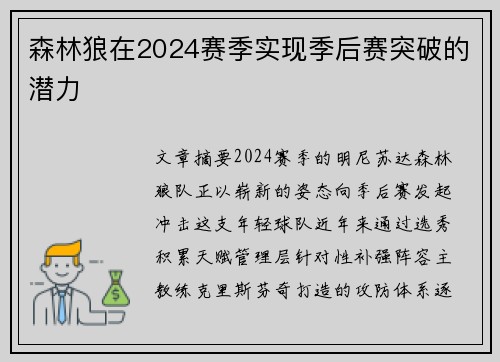 森林狼在2024赛季实现季后赛突破的潜力