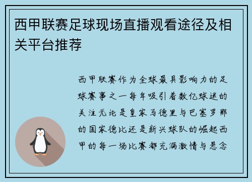 西甲联赛足球现场直播观看途径及相关平台推荐