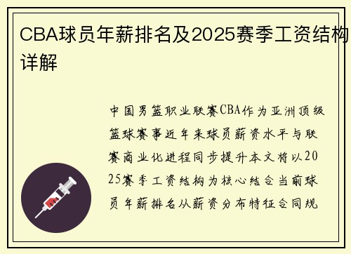 CBA球员年薪排名及2025赛季工资结构详解